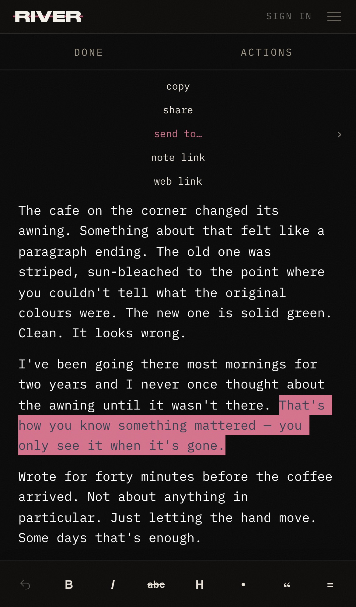Thursday's page in River with one sentence selected, and the menu open showing send to…