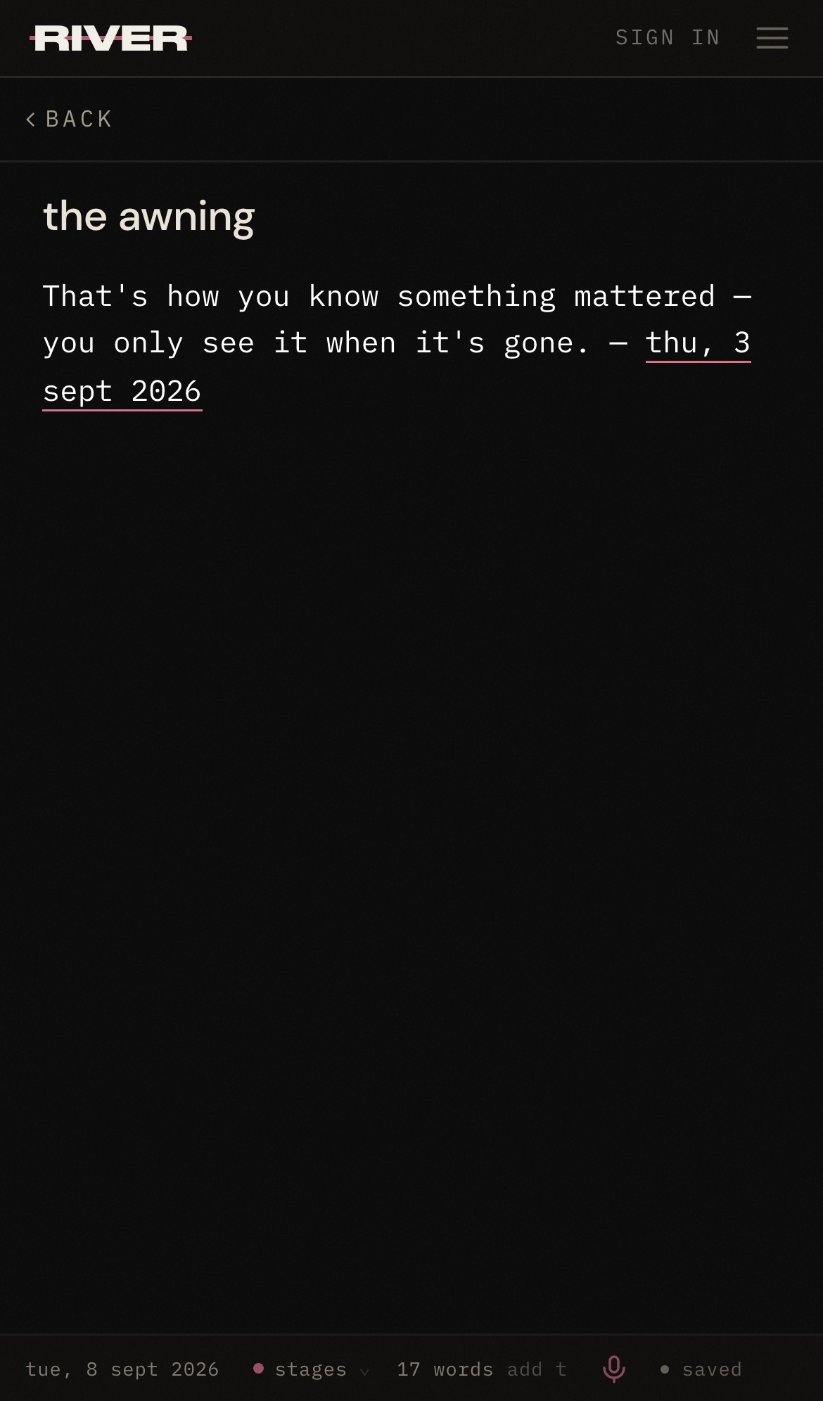 A note called the awning, holding the sentence from Thursday with a link back to that day.