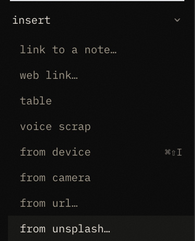 River's editor menu open on the page, with insert expanded: link to a note, web link, table, voice scrap, from device, from camera, from url and from unsplash; from unsplash is highlighted.