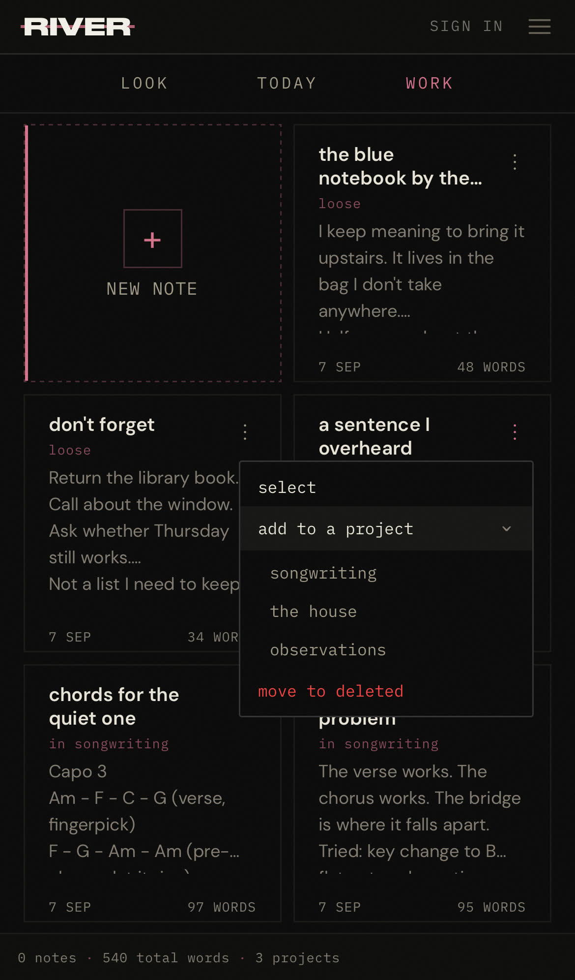 In Work, the actions menu is open on the loose note a sentence I overheard, with add to a project expanded to show songwriting, the house and observations.