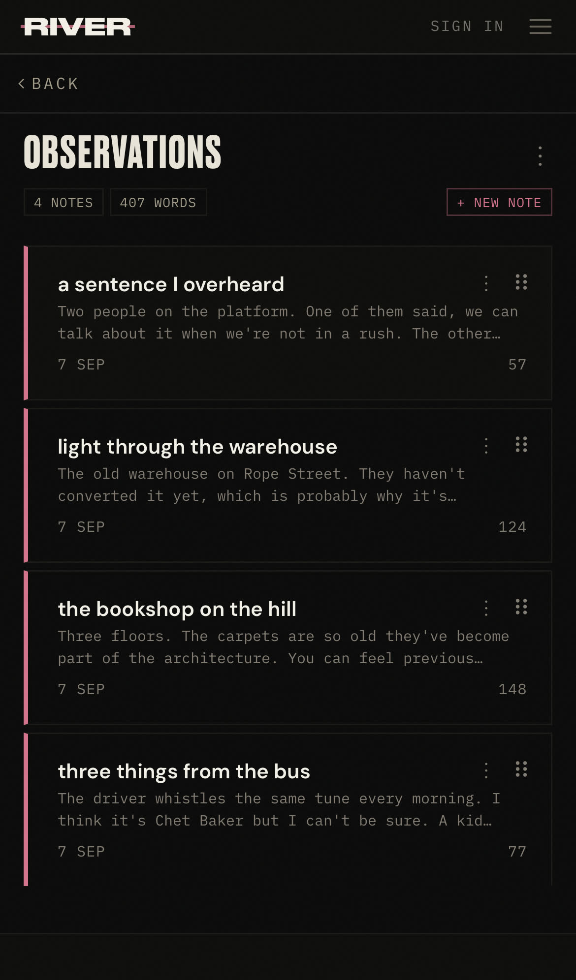 The observations project open in Work, four notes, with a sentence I overheard at the top.