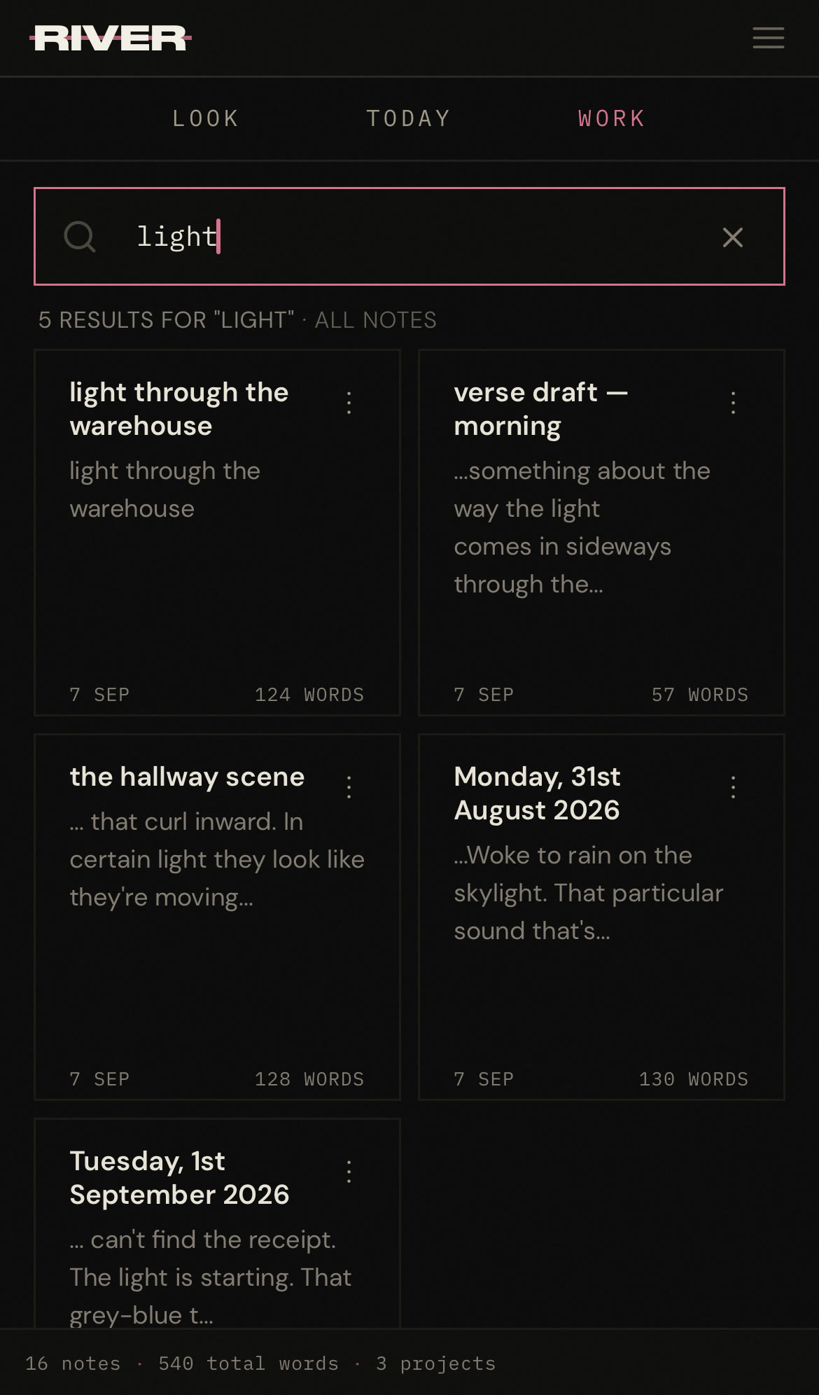 Work with light typed into search: five results, each a note with the matching passage shown — light through the warehouse, verse draft — morning, the hallway scene, and two days from the week before.