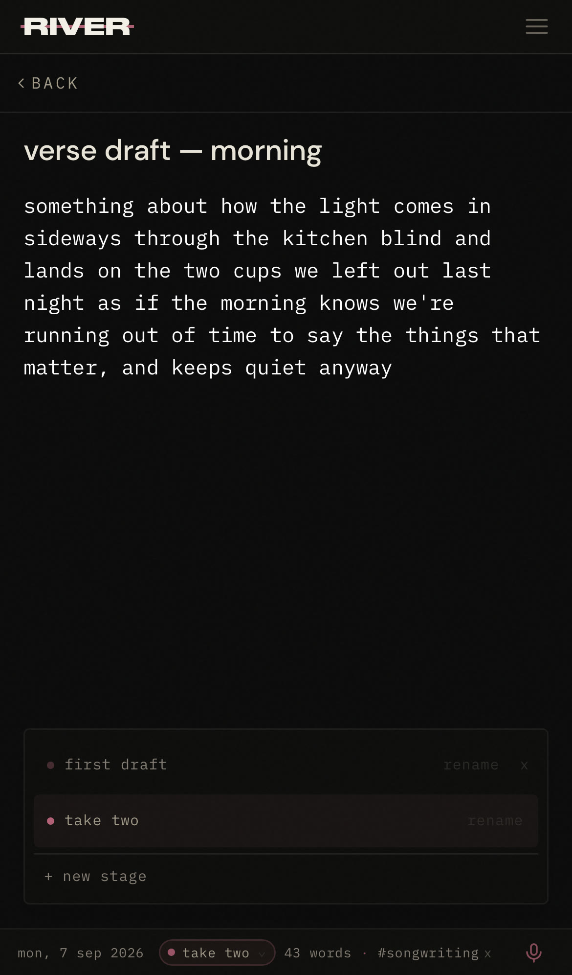 A note called verse draft — morning, open at its second draft. The stages menu in the bottom bar lists first draft and take two, with take two marked as current, and offers + new stage.