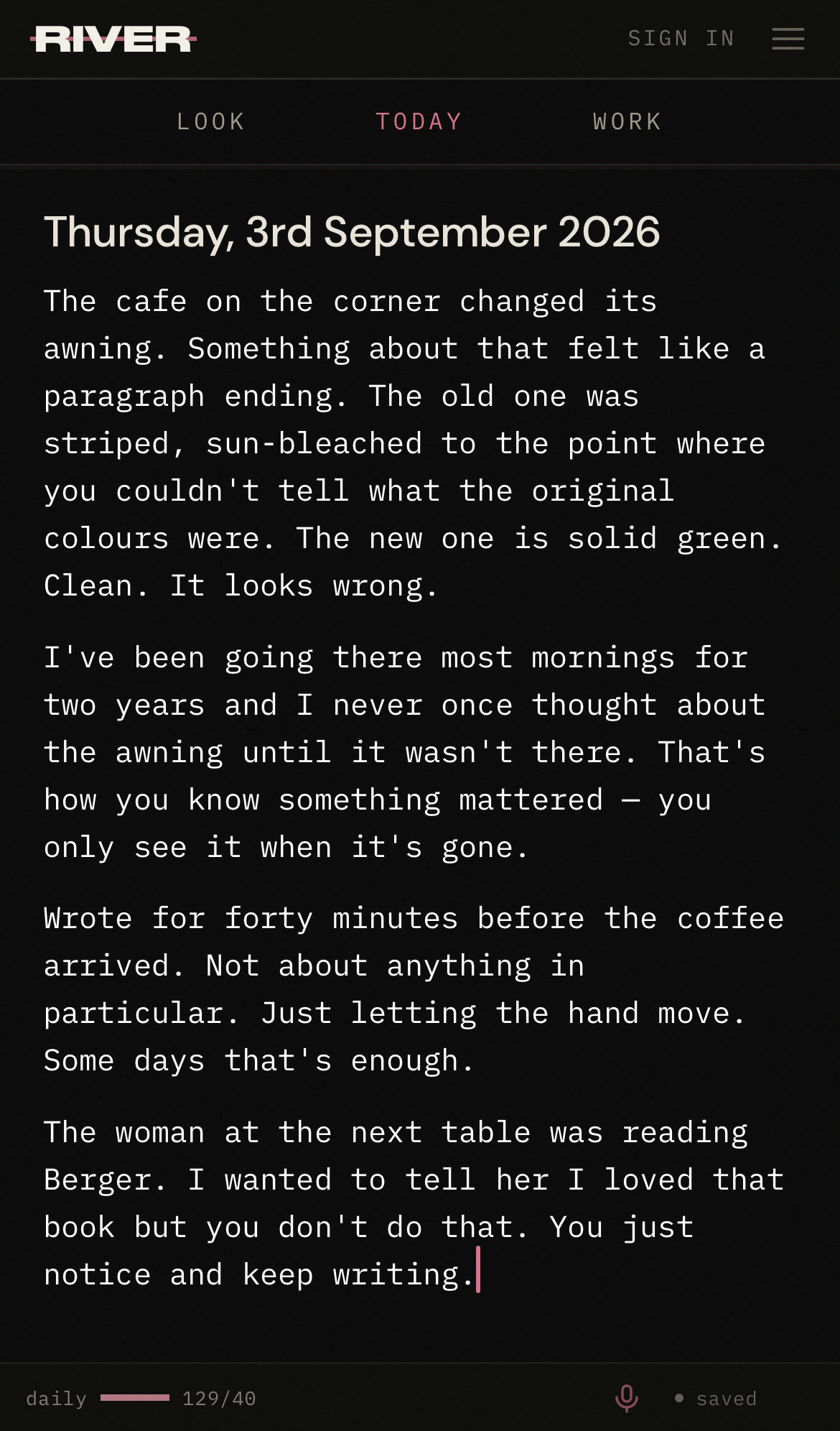 Thursday’s page in River, with several paragraphs of example daily writing.