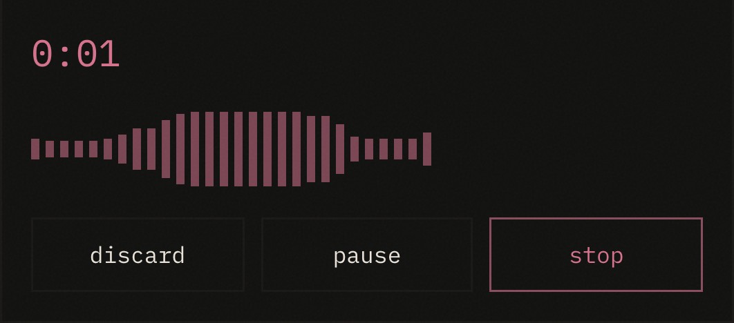 River’s voice recorder while recording: elapsed time, live waveform, pause and stop.